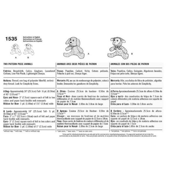 Two-Piece Animal Sewing Pattern Simplicity 1535 Dog & Lamb Plush Toys - Picture 2 of 3